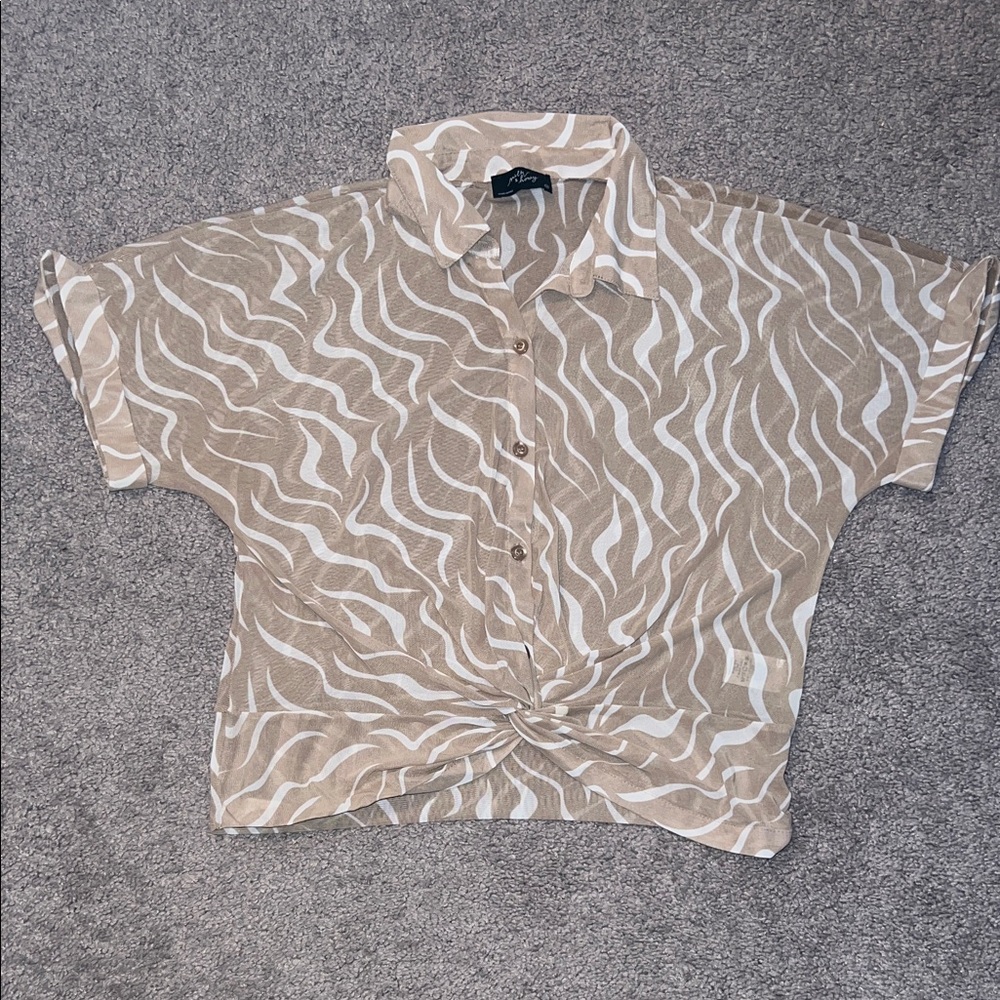 Beige and White Patterned Mesh Button-Up Blouse